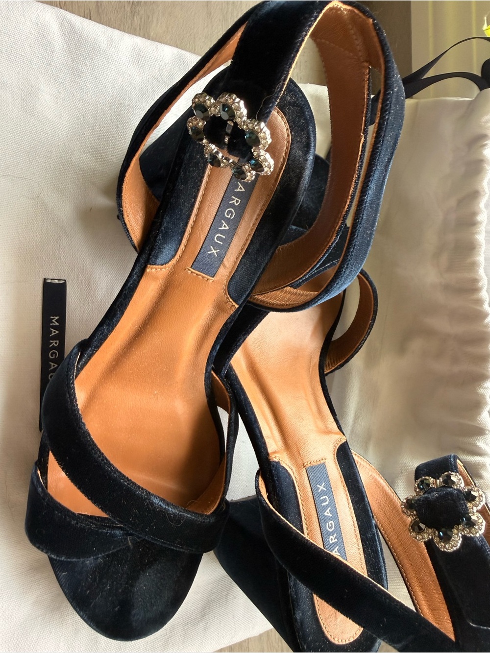 Margaux Black Velvet Open-Toe Heels with Rhinestone Buckle